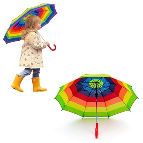 Image of AOC24 Kids Rainbow Umbrella, Waterproof Rain Umbrellas, Strong Metal Tube Safe Canopy Tips, Polyester with Curved Handle, Easy to Use Toddler Umbrella Bright Colour Design for Girls Travel (1)