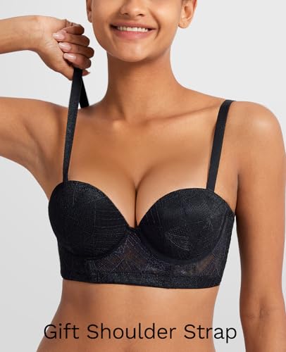Image of Strapless Push Up Bra for Women Padded Underwire Support Convertible Lace Longline Bombshell Bras