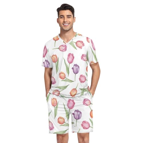 Men's Pajama Sleep Sets Short Sleeve V Neck 2 Pcs Sleepwear with Pockets, S-XXL