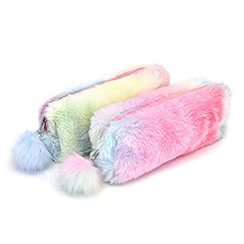 FLOTRUTE 2 Pièces Trousses de Papeterie en Peluche, Trousse à Crayons en Peluche, Trousse à Crayons Moelleuse, écoles, Bureau, Enfants, Adolescents, Rangement Cosmétique (Dégradé Arc-en-Ciel)