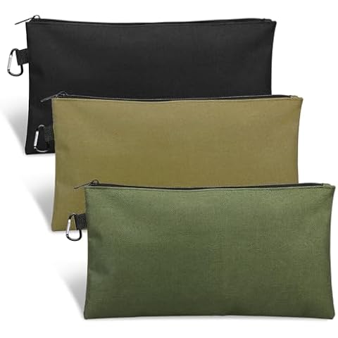3 Pack Tool Bag Zipper Pouch, Premium Tool Pouch, Utility Multipurpose Storage Organizer Tool Pouches with Carabiner Metal Zipper for Tools, Stationary, Pencil Pouch (3 Pack, Tan, Navy Green, Black) Cover