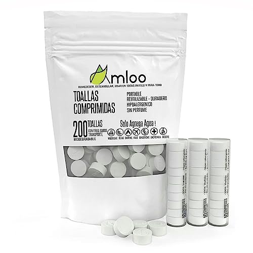 AMLOO 200 Toallas Comprimidas Mágicas. Mini Toalla de Viaje para Salud y Deportes al Aire Libre. Pequeña Toalla Facial, Oshibori y Toallita Desechable, Portátil con 3 Estuches de Transporte