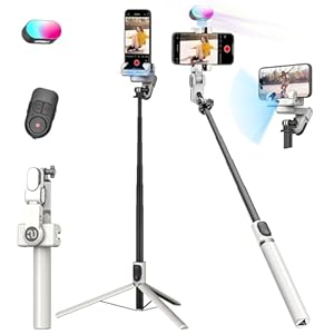AOCHUAN Smartphone Gimbal Stabilizer, Smart Face Tracking Tripod Without APP – 4 in 1 Cellphone Gimbal Stabilizer for iPhone&Android Extended 108cm Rod with RGB Fill Light,M2PRO White