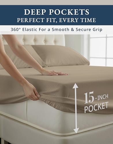 Image of LANE LINEN Split King Sheets Sets for Adjustable Bed Sateen Weave - Taupe | Split King Sheets - 5-Piece Set, For Guests And Everyday Use, For A Silky Hotel-Style Bed, Made For Adjustable Beds