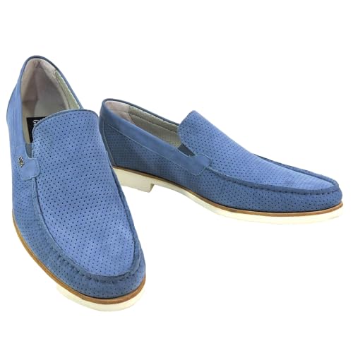 Goodman Italian Men's Perforated Nubuck Leather Loafers, Light Blue, Comfort Slip-on Style, Size 44 EU, Made in Italy