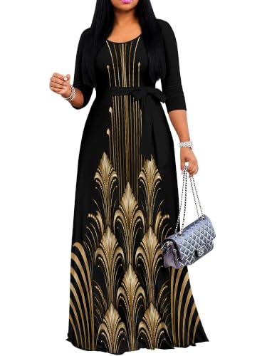 Image of Maxi Dress for Women with Sleeves, Empire Waist Dress | A-line shape, self-tie belt, side pockets and pull-on design; stretch fabric for church, work and casual wear