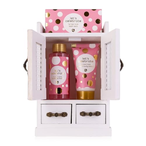 Accentra - Set de regalo para mujer Let's Celebrate - con baño de burbujas, loción corporal y sales de baño en un mueble decorativo de madera - Bienestar para mujeres para cumpleaños y San Valentín