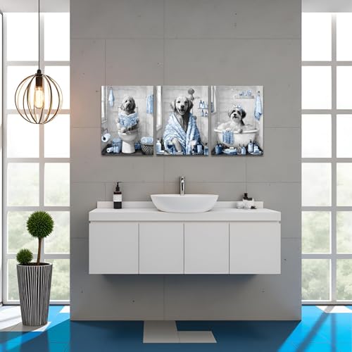 Image of sechars Funny Dogs Bathroom Wall Art Grey and Blue Bath Decor Cute Animal Painting Canvas Print (Blue)