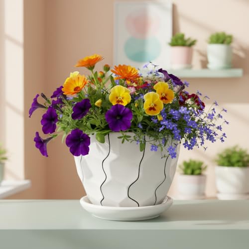 Image of Xtore Graceful Textured Ceramic Planter with Abstract Line Detailing & Drainage Tray | Modern Indoor Plant Pot for Desk, Table & Shelf Styling (Planter only)