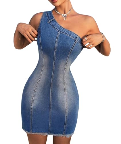 Image of Sexyshine Women's Sexy One Off Shoulder Bodycon Denim Mini Dress Sleeveless Tube Top Raw Hem Slim Fit Jeans Dress