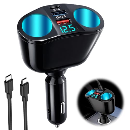120W Car Cigarette Lighter Adapter 12V/24V Double Socket Splitter with Dual USB C QC3.0 Fast Charger LED Voltmeter & Multi Socket Power Outlet for Dash Cam GPS Phone Vehicle Devices