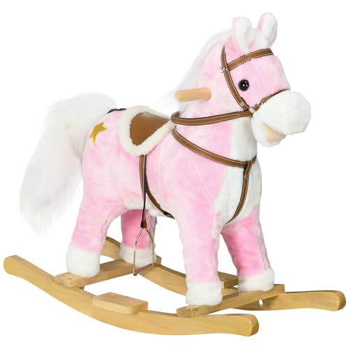 HOMCOM Schaukelpferd, Baby Schaukeltier aus Plüsch, Kinderschaukelstuhl mit Soundfunktion, Fußstütze, Baby Schaukelpferd für Kinder 3 bis 6 Jahre, Holz, Rosa