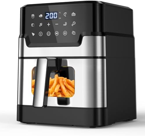 Friteuse sans Huile 6L, Air Fryer XXL avec Cavité en Métal, Friteuse à Air Chaud Airfryer avec Fenêtre Visible, 10 Fonctions, Écran Tactile Digital LED, Panier Antiadhésif Lavable en Machine