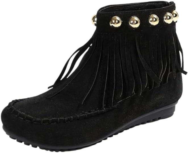 Women's Ankle Boot - Western Fringe Cowboy Low Heel Bootie Women Suede Casual Boots with Metal Beads