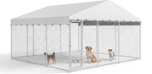 YITAHOME Outdoor Dog Kennel with Rotating Feeder Bowls & UV-Resistant Waterproof Cover, 14.8×14.8×7.9FT Outside Dog Enclosure for Yard, Heavy Duty Dogs Cage for Medium Large Dogs