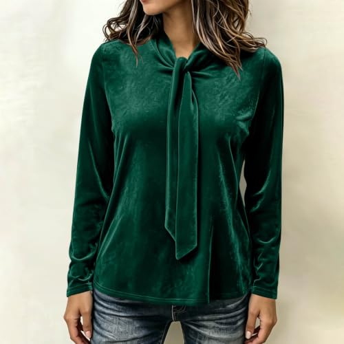 Velvet Tops for Women Bow Tie Neck Fit Long Sleeve Dressy Velour Blouse - image 2