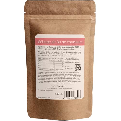 Sel au potassium JKR Spices 450g – 35 % chlorure de potassium, 0,3 % chlorure de magnésium, pauvre en sodium, emballage neutre en CO₂. Le potassium aide à maintenir une tension normale. – vue 5