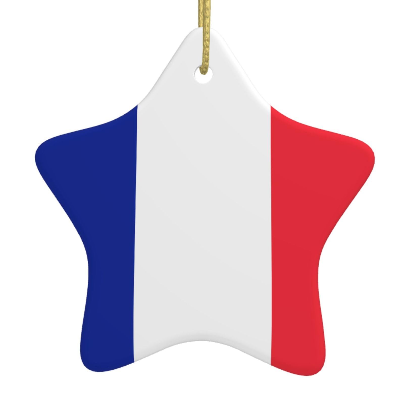 French Flag Christmas Ceramic Star Pendant with Punched Holes and Gold Wire Rope, Christmas Tree Home Decoration