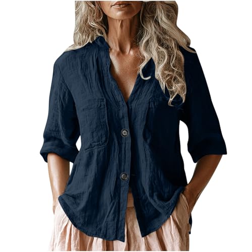 Camisas de lino para mujer, estilo casual, de manga 3/4, cuello en V, con botones, con bolsillos, cómodas camisas de lino de algodón para salir, túnica para leggings, camiseta básica de vacaciones, 01