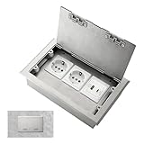 Bodeneinbausteckdose, 4000W/16A Flache Versteckte Steckdose mit 2 EU Steckdosen und USB + Type C Anschlüssen,Wasserdichte Edelstahl Bodensteckdose AC250V für Zuhause, Hotel, Schule