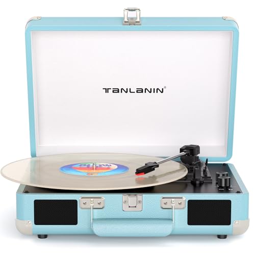 Bluetooth Suitcase Record Player with Built‑in Speakers, Bass & Treble Control, 3‑Speed Belt‑Drive Turntable with Auto‑Stop, Portable Vinyl Player for 33 45 78RPM LPs, Blue