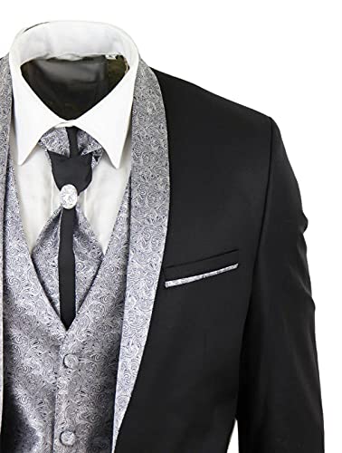 Men's Classic 4 Piece Wedding Groom Shawl Collar Black Cravat 2 Button Fastening Suit Tailored Fit4