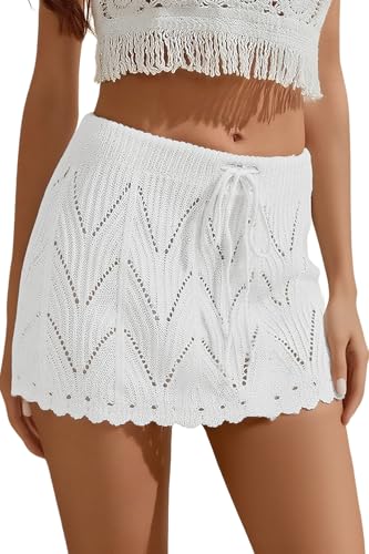 Jumppmile Womens Crochet Cover Up Skirt Mini Knit Swimsuit Coverup for Beach White Small