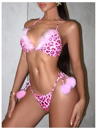 MakeMeChic Women's Cheetah Print Bikini Set Faux Fur Halter Triangle Tie Backless Swimsuit Bathing Suits2