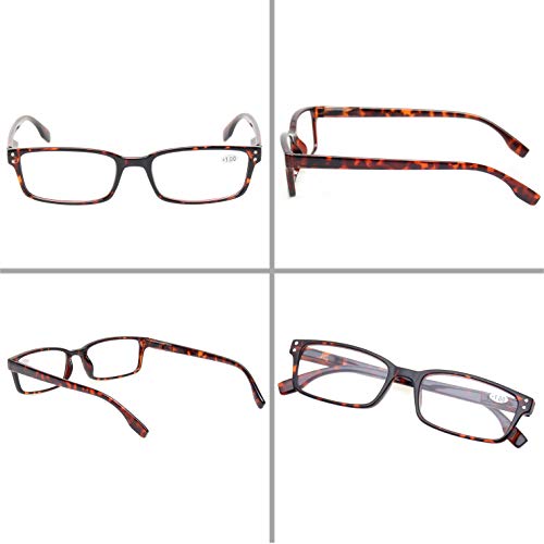 Image of Kerecsen 4 Pack Reading Glasses for Men and Women with Spring Hinges, Lightweight Black Rectangular Readers Eyeglasses (4 Pack Tortoise, 2.00)
