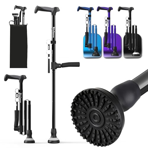 Adjustable Walking Cane for Men & Women for Stability Foldable walking canes with Second Handle for standing 350lbs Heavy Duty All Terrain Collapsible Walking Sticks for Seniors & Adults Black