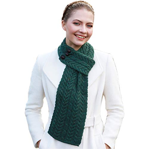 Merino Wool Three Button Irish Scarf for Women, 31 x 8 inches, Aran Stitching, Made in Ireland