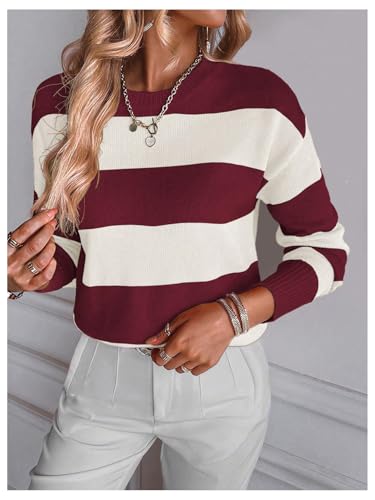 Image of MakeMeChic Women's Striped Sweaters Colorblock Crew Neck Long Sleeve Casual Pullover Tops Burgundy X-Large