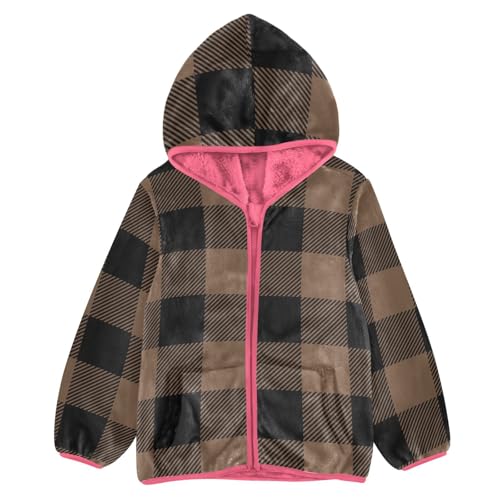 OTVEE Tartan Coffee Brown Plaid Kids Hoodie Jacket Fall Spring Full Zip Warm Outwear Coat