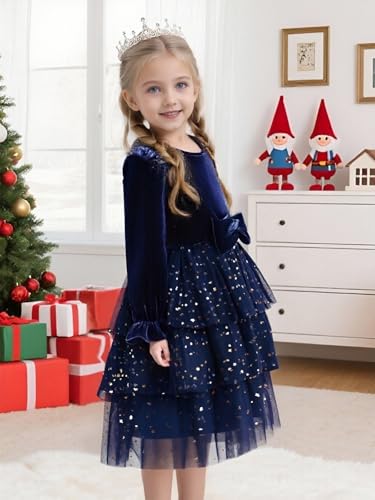 2-7Y Toddler Girls Fall Winter Velvet Tulle Tutu Dresses Long Sleeve Ruffle Holiday Christmas Princess Party Dress4
