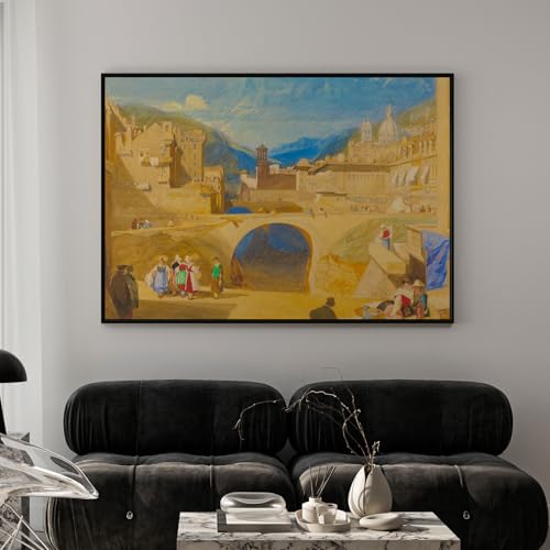 Image of ARTCREST Bridge in a Continental Town Canvas Wall Art with Black Frame | Scenic Landscape Painting for Living Room, Office Walls & Hallway Interiors | Large Decorative Canvas Wall Decor (24x36 Inches)