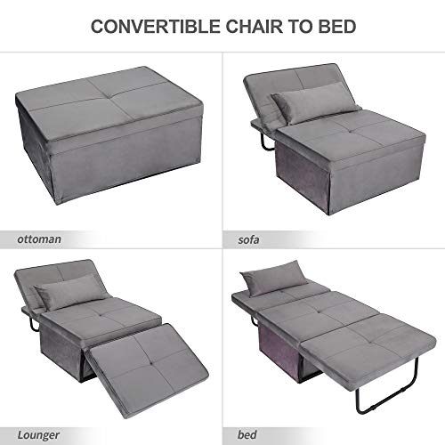 windaze Folding Ottoman Sofa Bed, 4 in 1 Multi-Function Chaise Lounge Morden Velvet with 5 Position Adjustable Backrest Convertible Guest Fold Out Bed, Dark Grey