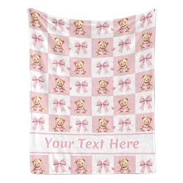 Pink Bow and Cute Bear Personalized Name Blanket - Soft Microfiber Throw, Custom Flannel for Couch Living Room, Birthday, 30 x 40 Inch