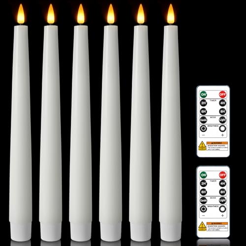 Image of Homemory 9.6 Inches Waxy Flameless Taper Candles with Remote Timer Dimmer, Flickering LED Candlesticks, Battery Operated Window Candle for Christmas Wedding Home Decor, White, 6 Pcs