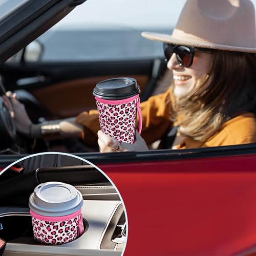 Image of KJQJLY 3 Pack Reusable Iced Coffee Sleeves for Iced Coffee Cups or Drinks Reusable Neoprene Insulated Sleeves for Hot and Cold Drinks from Starbucks, Dunkin, And More (pink leopard print)