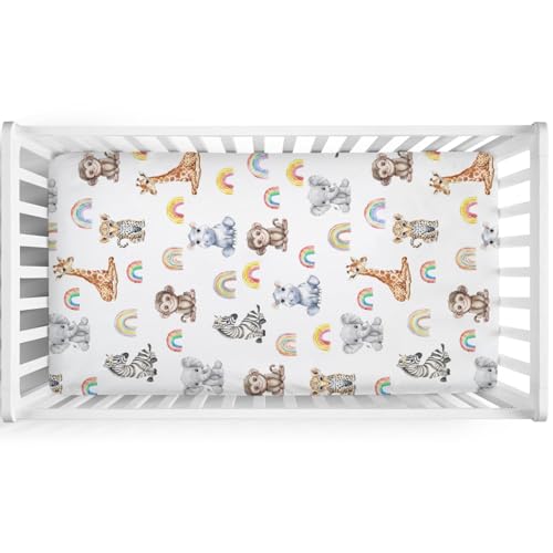Image of Jungle Safari Animals Rainbow Baby Crib Sheets 52''x28'' Leopard Elephant Giraffe Zebra Hippo Monkey Stretchy Fitted Crib Mattress Cover for Boy Girl Zoo Bed Sheet for Standard Crib Toddler Mattress
