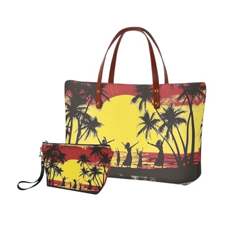 Image of Palm Tree Shoulder Tote for Women, Sunset Large Purse Set with Matching Make Up Bag, Satchel Hobo Bag for Travel, Working