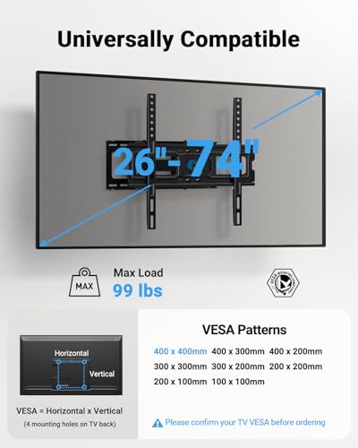 Pipishell TV Wall Mount for 26-74 inch LED LCD OLED 4K TVs up to 99lbs, Full Motion TV Mount Bracket Articulating Swivel Extension Tilting Leveling Max VESA 400x400mm, Fits 12/16 Inch Wood Studs - Image 3