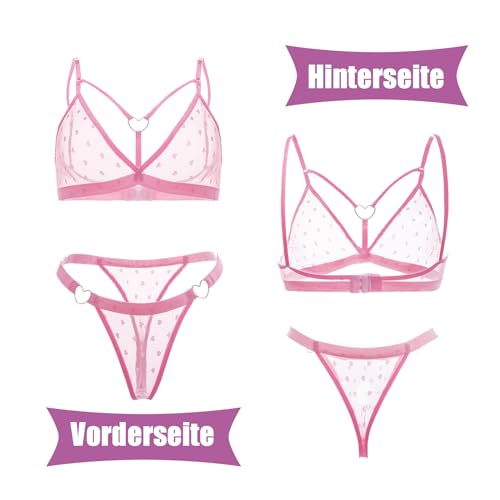NewBull Sexy Strapsen Dessous-Sets für Damen Zweiteiliges Set Kein Bügel BH Hohe Taille Tanga Babydoll Reizwäsche Outfit Tüll Transparent Unterwäsche mit Herz Leopardenmuster (Rosa, Einheitsgröße)