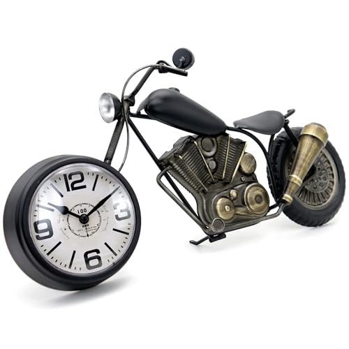 Vintage Desk Clock Tabletop Clock Motorcycle Gifts for Men Rustic Farmhouse Decor Gifts for Dad Him Boyfriend Battery Operated No Ticking Antique For Mantle Shelf Decorations Living Room Office Black