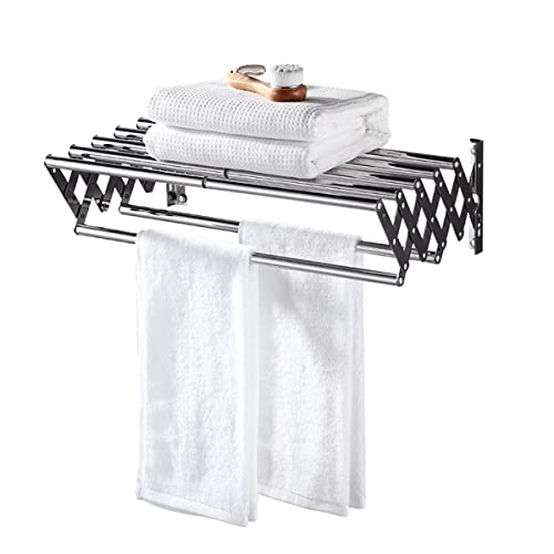 ilbcavne Towel Rail Wall Mounted with Shelf, Brushed Chrome Towel Holder Stainless Steel Towel Rail Bathroom Storage Rack, Adjustable Folding Hand Pull out Shower Shelf Organizer(Size:Double)