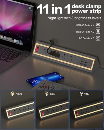 NYYTGE Desk Clamp Power Strip with Nightlight, 40W Fast Charging, 6FT Extension Cord, 4x20 - image 6