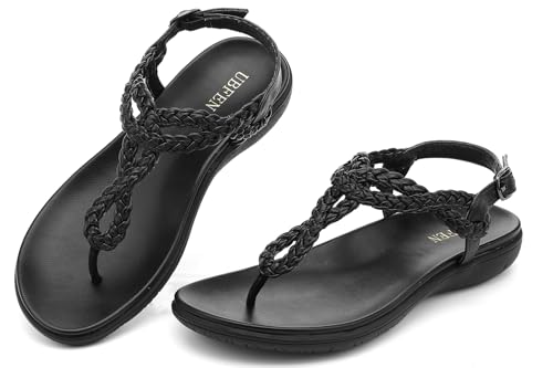 Image of UBFEN Womens Flat Sandals Dress Braided T-Strap Thong Sandals with Arch Support Comfortable for Walking