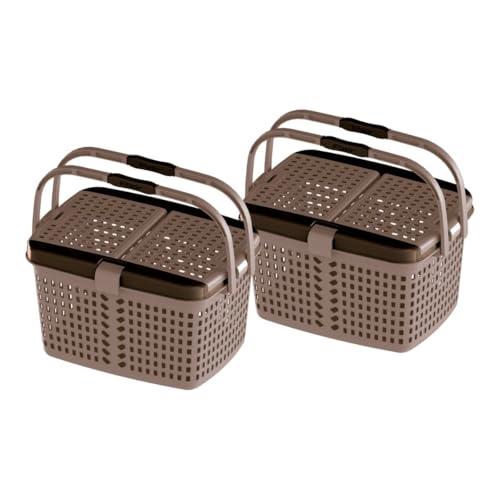Image of FLAIR Dual Compartment Storage Basket Set of 2 - Sturdy Plastic Organizer with Handles & Lid | Plastic Multipurpose Trendy Shopping Big Basket | Ideal for Kitchen, Bathroom, Laundry & Toys (Beige)