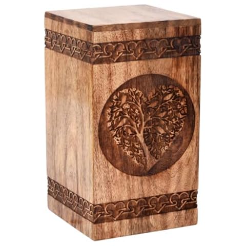 Handcrafted Tree of Life Mangowood Cremation Urn Box. Human Ashes Box/ Pets Ashes Box Engraved Handmade Wooden Burial Urn Box (L(11.25X6.25”)250CU) Cover