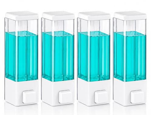 Image of BATH GURU Wall Mounted Soap Dispenser Pack of 4, 350ml, ABS Plastic Refillable Hand Wash, Shampoo, Conditioner & Sanitizer Dispenser, Manual Liquid Soap Dispenser for Bathroom, Kitchen, Clear White